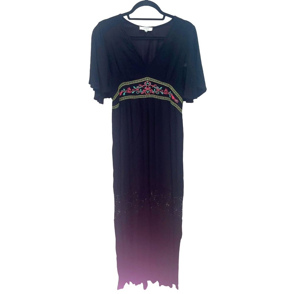 Umgee Women's Black Maxi Embroidered Black Lace Pullover Dress Sz M